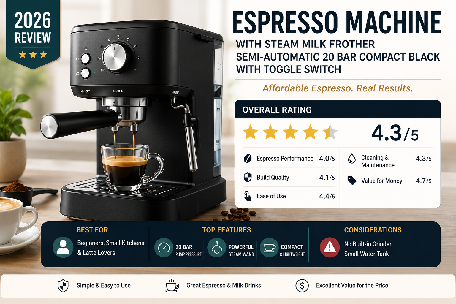 Espresso Machine With Steam Milk Frother Semi-Automatic 20 Bar Review (2026): Affordable Espresso or Skip It?