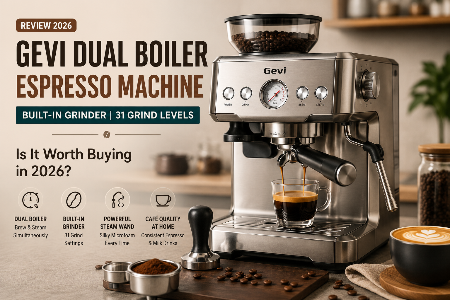 Gevi Dual Boiler Espresso Machine Review (2026): Built-In Grinder & 31 Grind Settings Tested