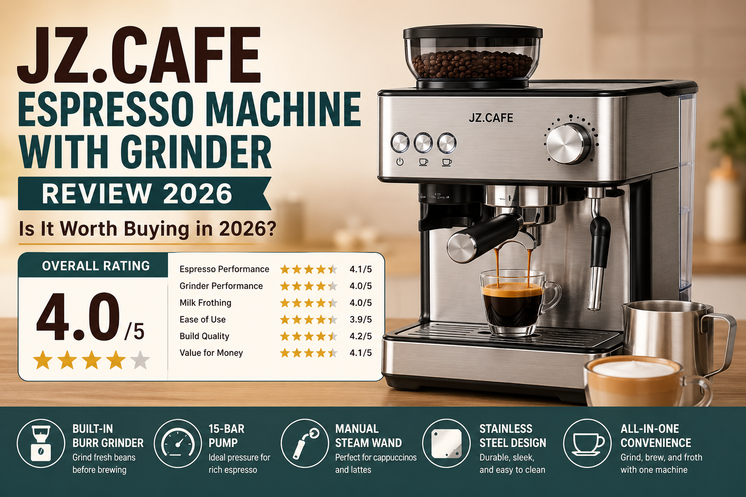 JZ.CAFE Espresso Machine With Grinder Review: Is It Worth Buying in 2026?