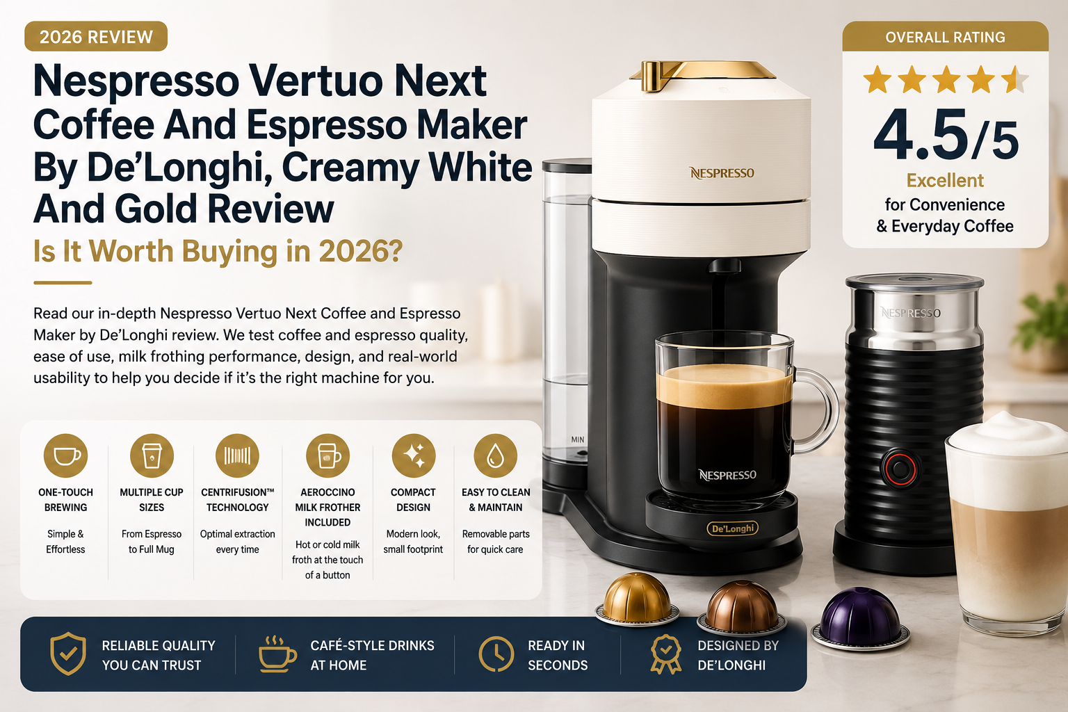 Nespresso Vertuo Next by De’Longhi (Creamy White & Gold) Review (2026): Is It Worth Buying?
