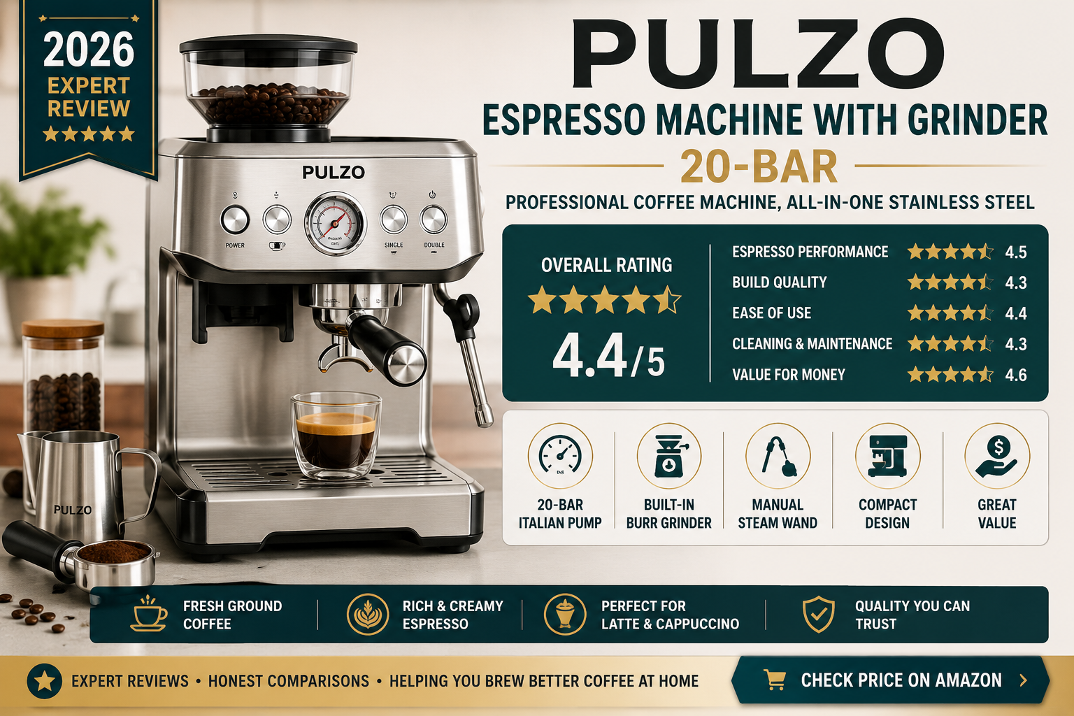 PULZO Espresso Machine with Grinder Review 2026: Is This 20-Bar Espresso Machine Worth Buying?